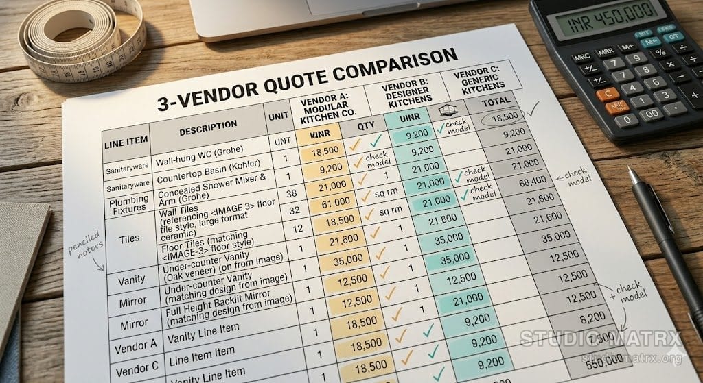 Three-vendor quote table on a printed spreadsheet