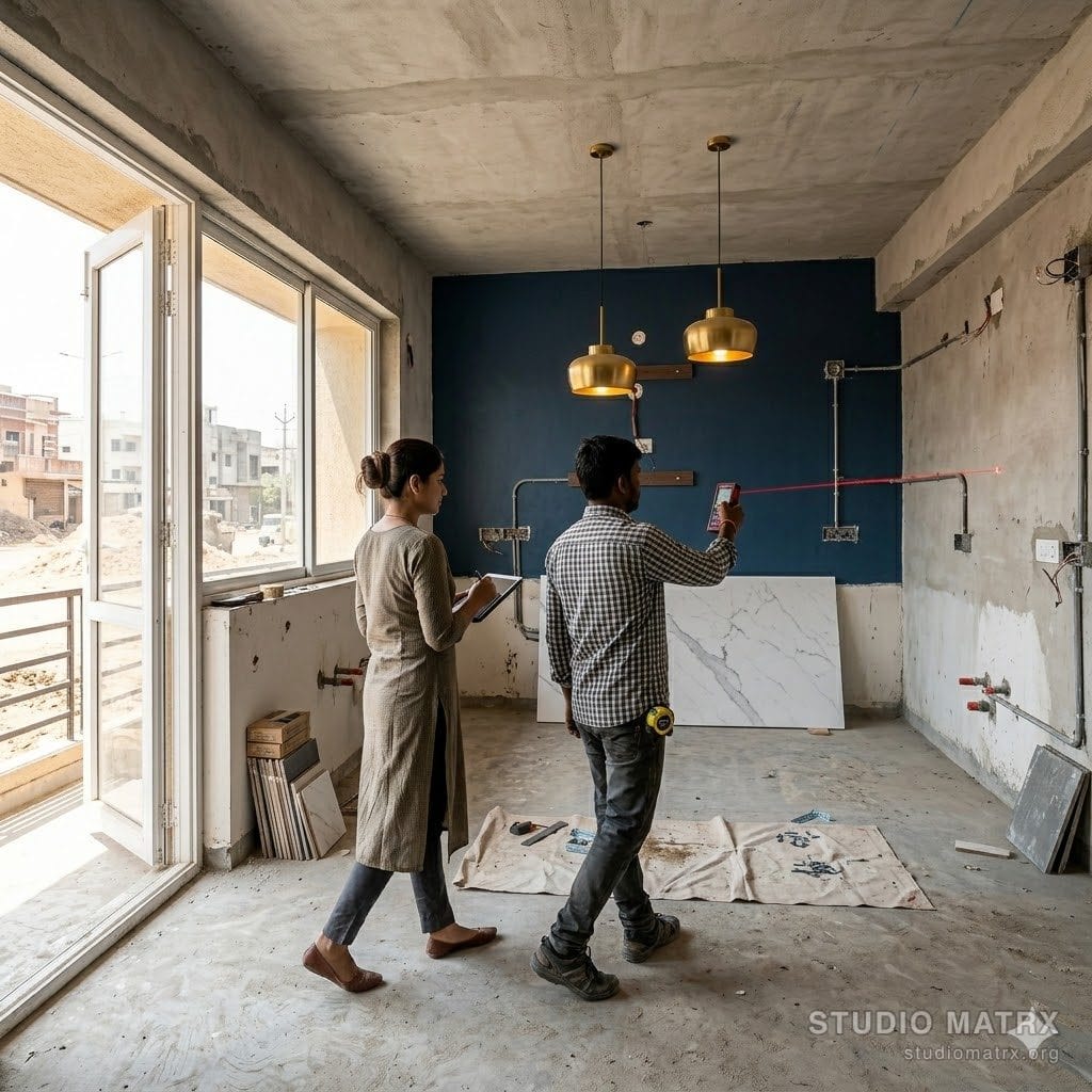 Vendor walking through an under-renovation Indian apartment