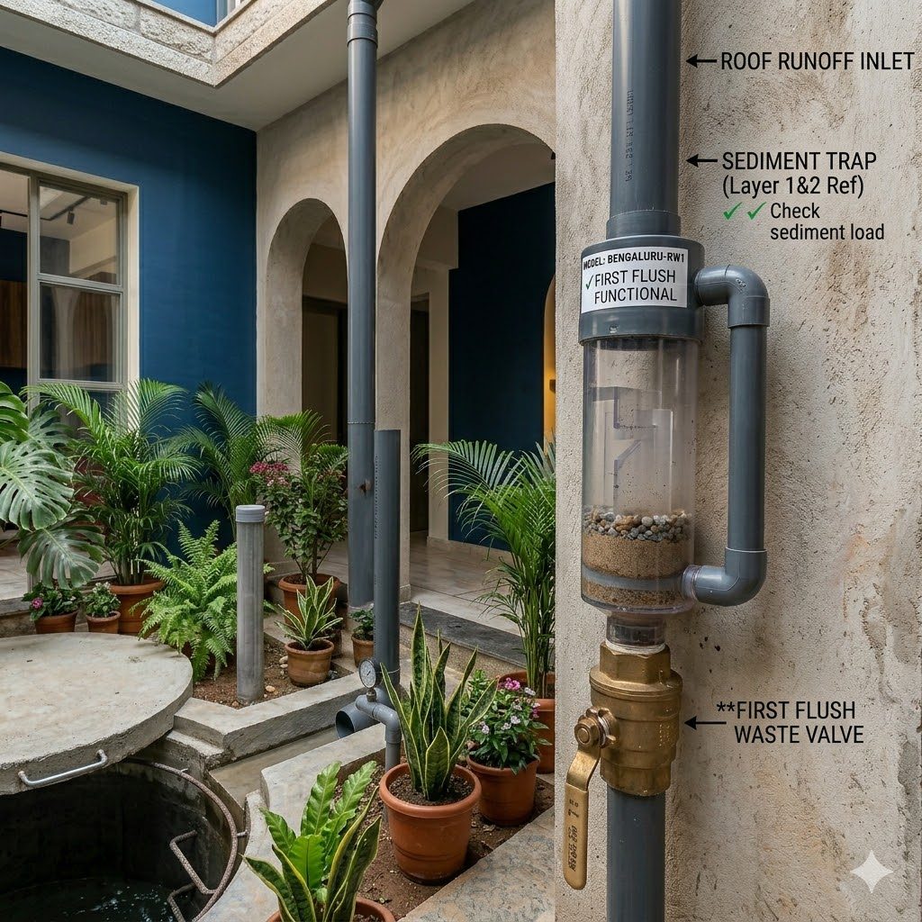 First-flush filter at downpipe inlet