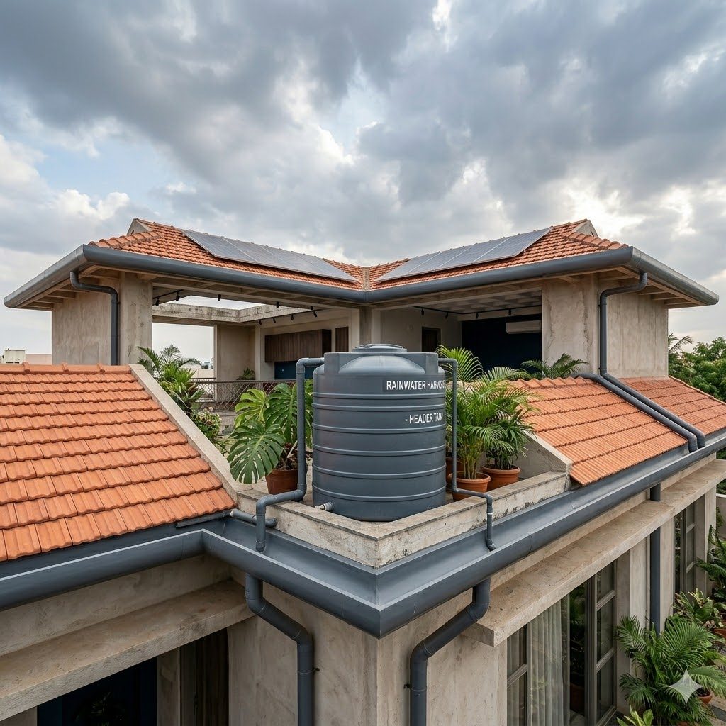 Rooftop rainwater catchment system with downpipes