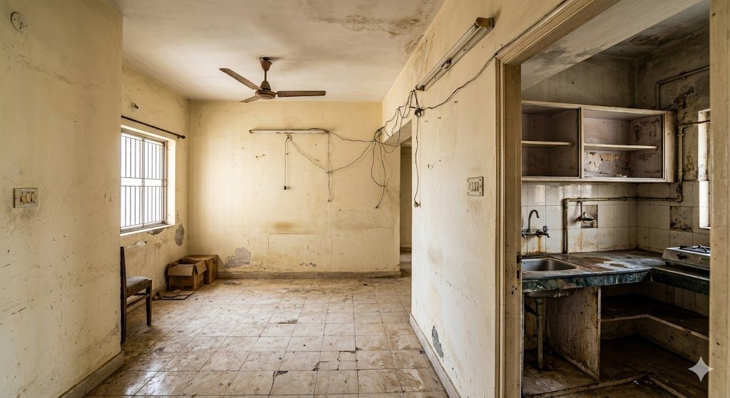 Old Indian apartment interior before renovation