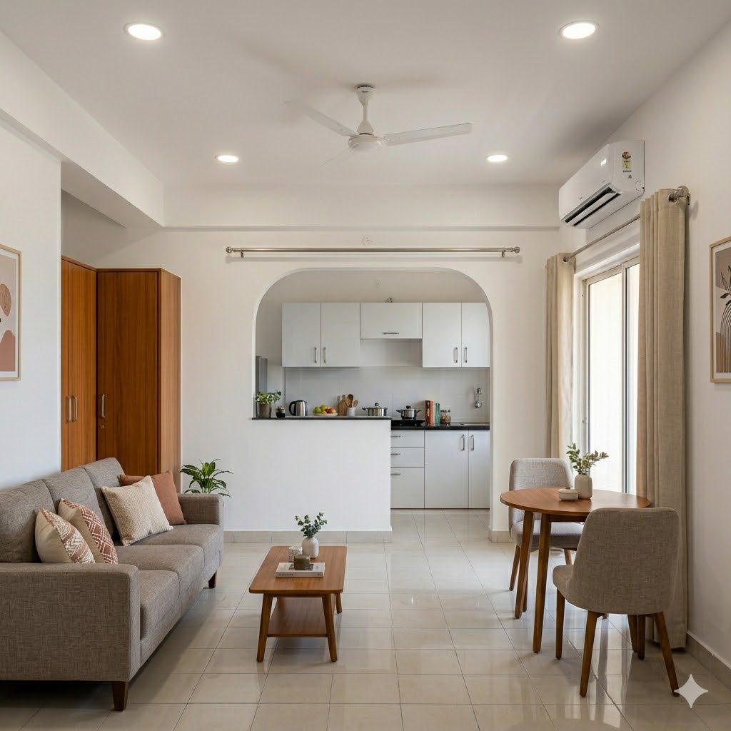 Fully furnished apartment with sofa, dining table, AC and modular kitchen