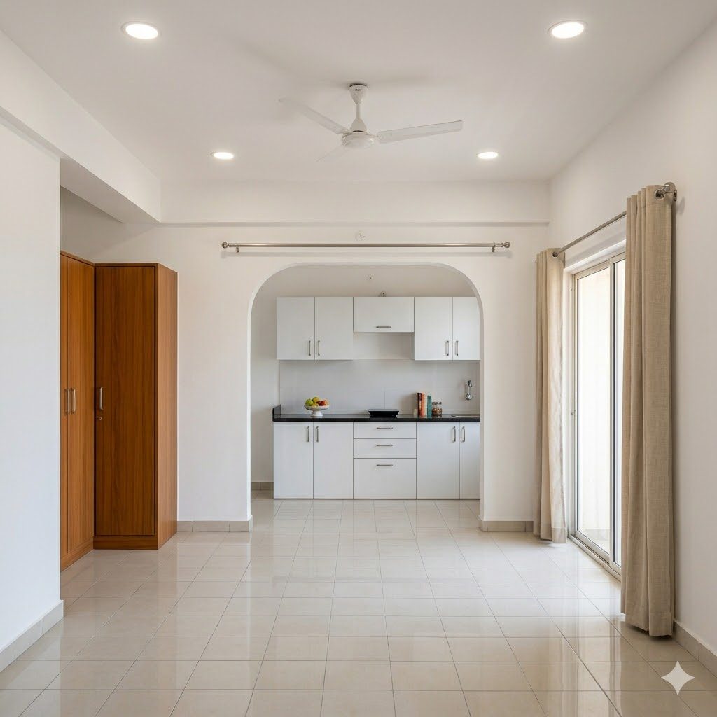 Semi-furnished apartment with basic modular kitchen and lights