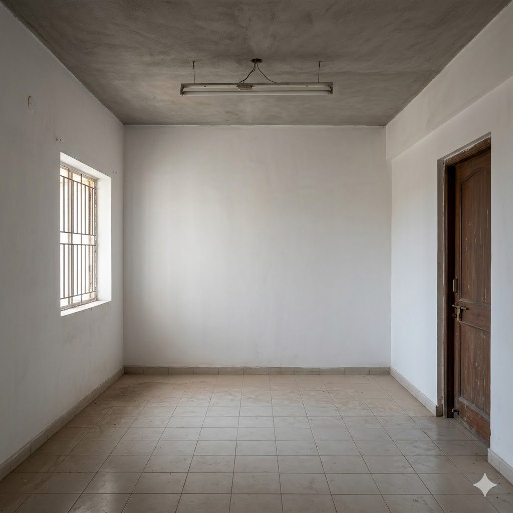 Empty unfurnished apartment with bare walls and tube light