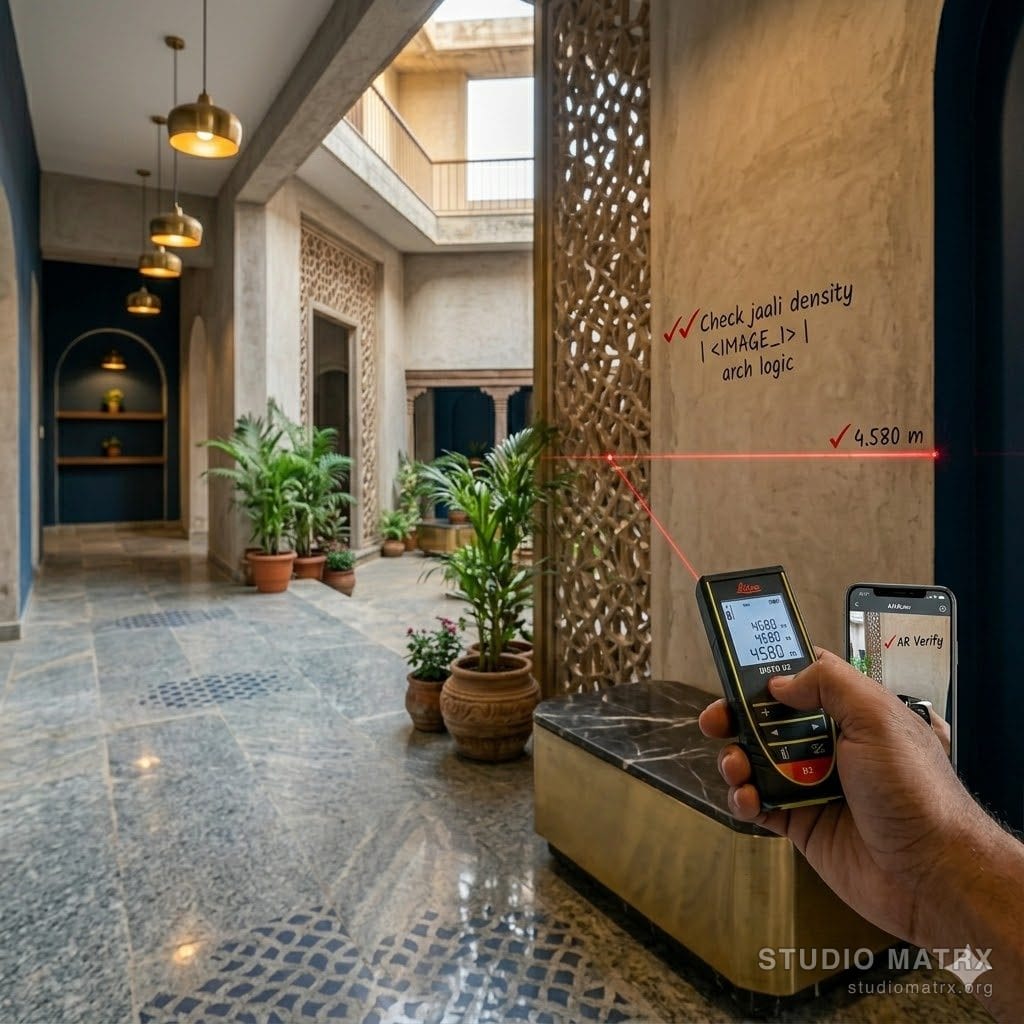 Designer using a laser distance meter on a wall