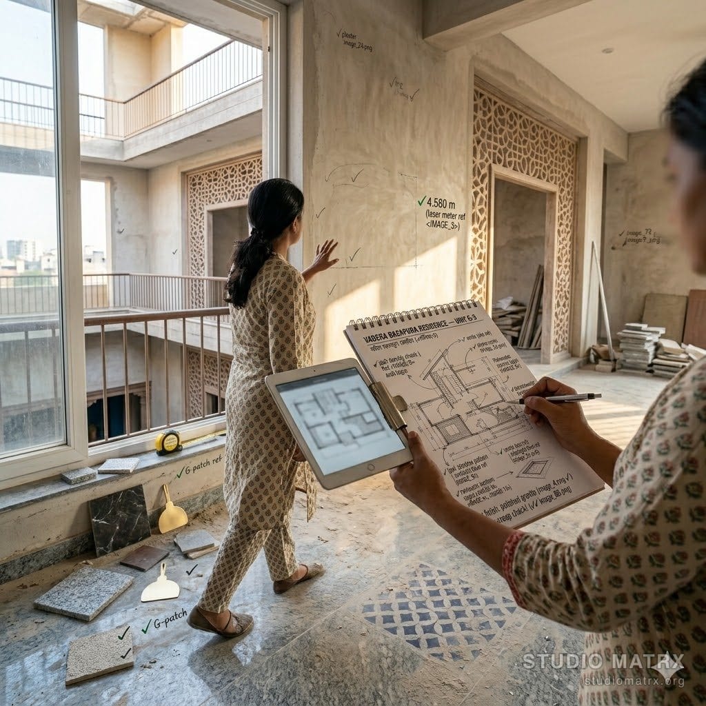 Designer walking through an empty Indian apartment with a clipboard