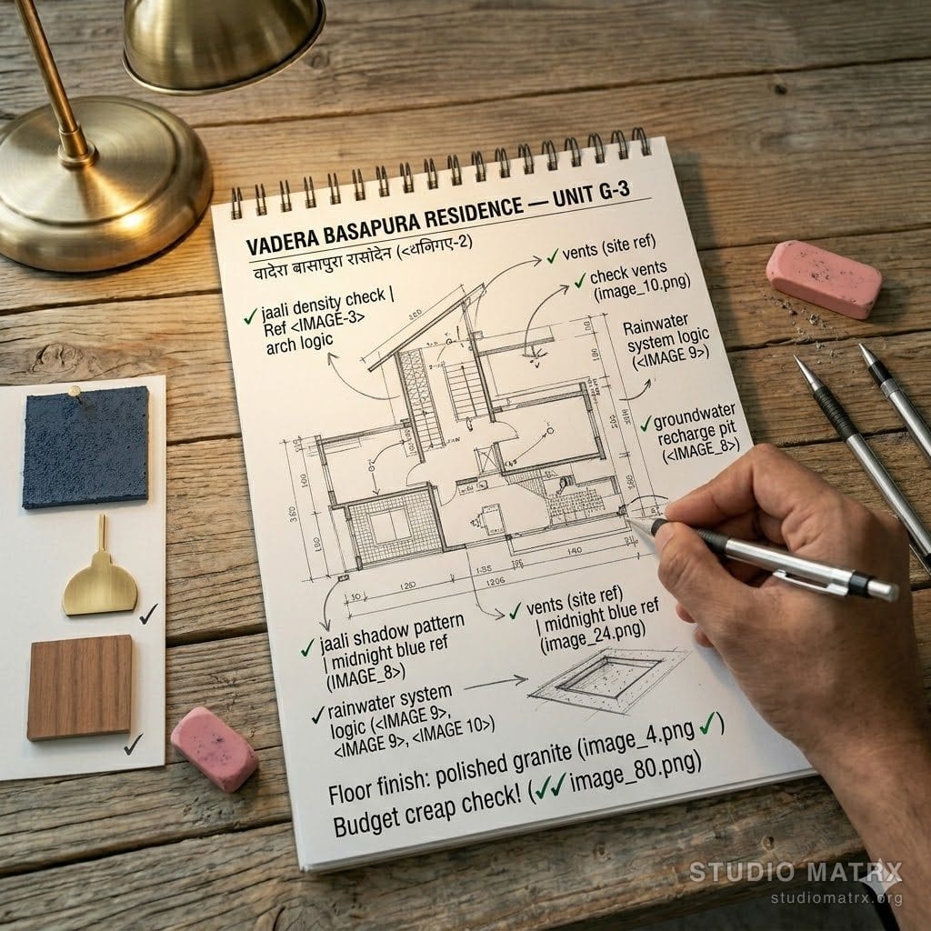 Designer's hand sketching a room plan on a notepad