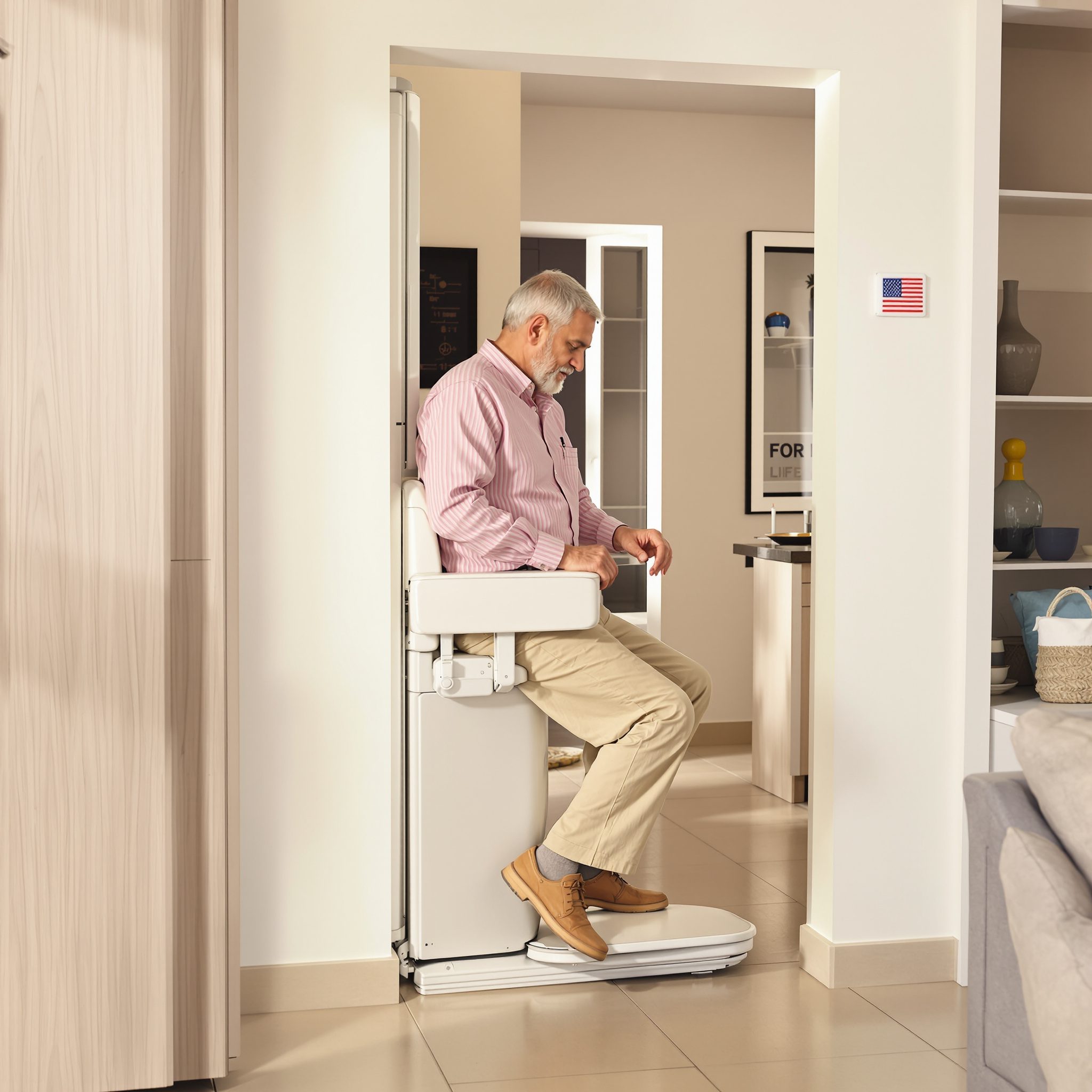 Senior using a home lift with a fold-down seat