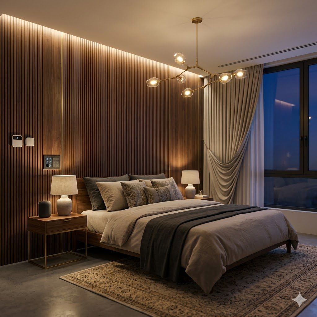 Bedroom with smart lights, AC controller and curtain motor