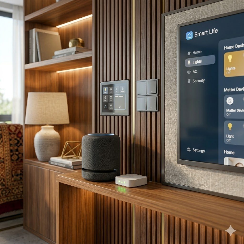 Smart home hub and voice speakers in a contemporary living room