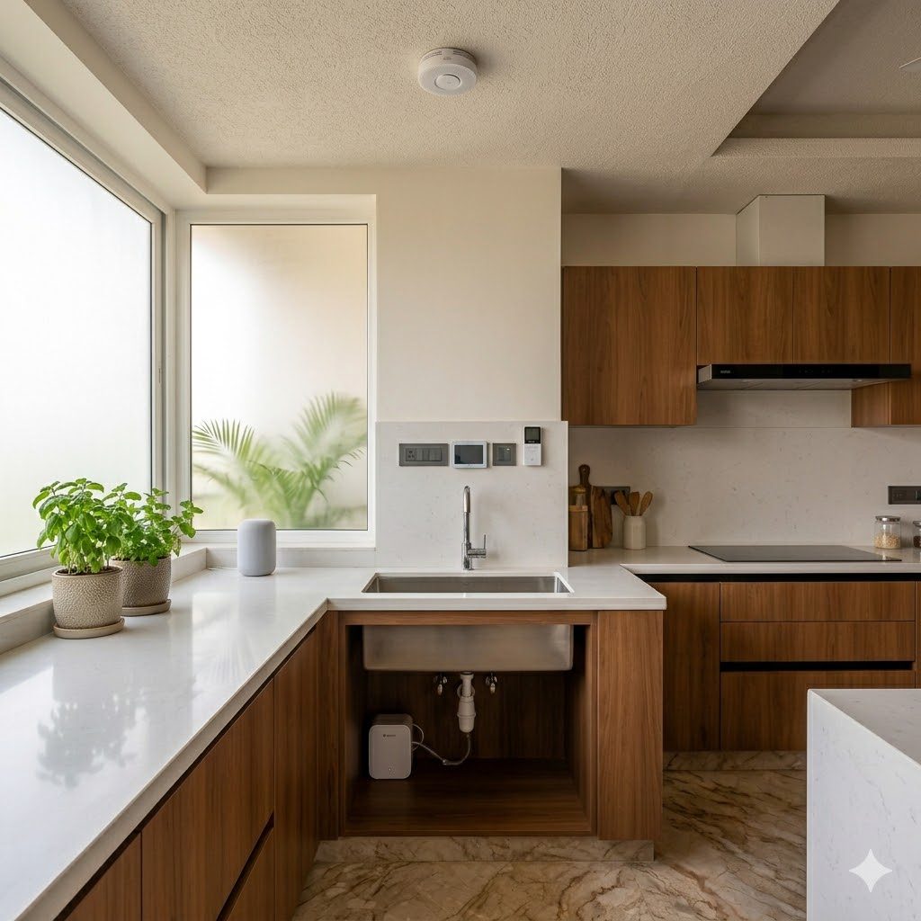 Modular kitchen with smart switches and water-leak sensors