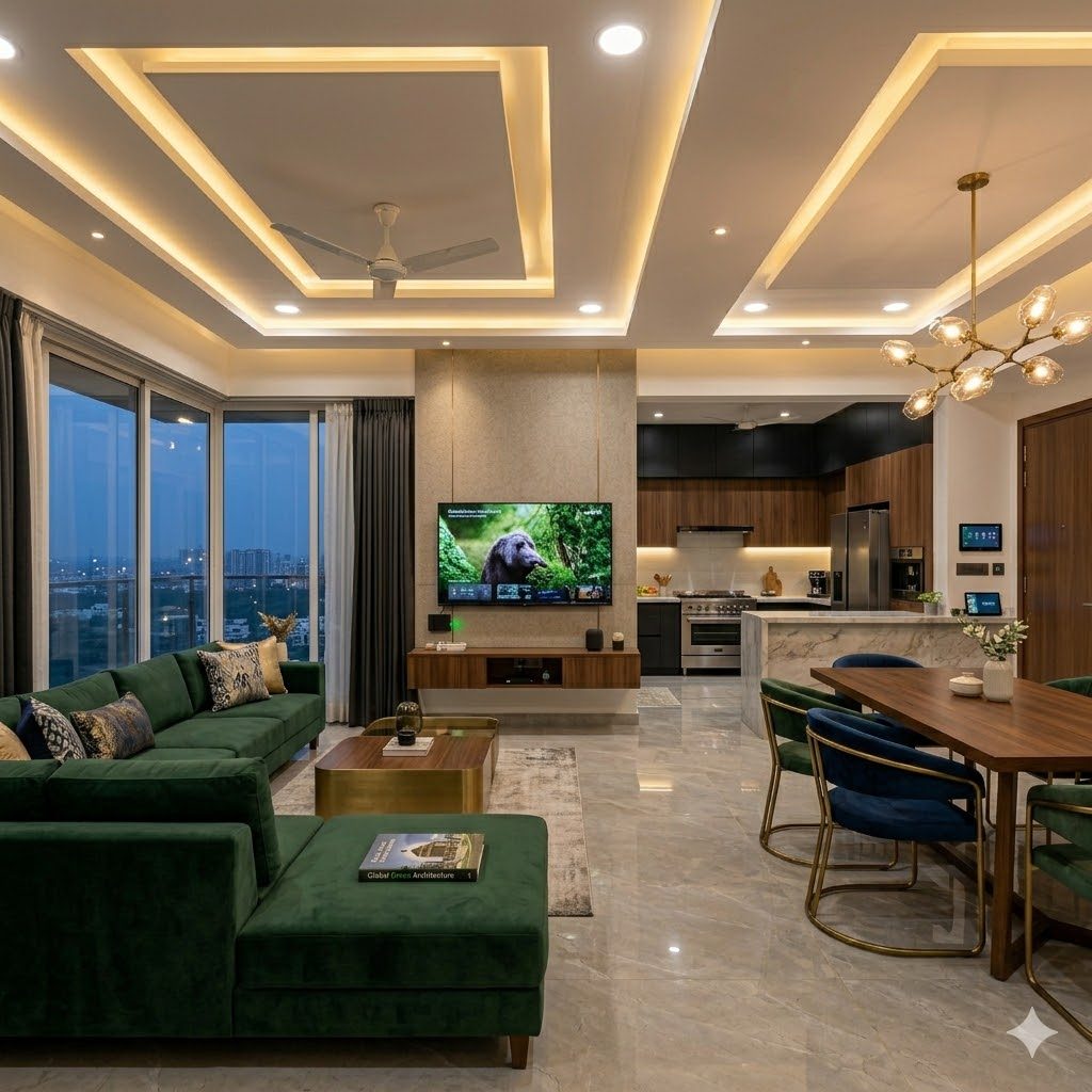 Modern Indian living room with smart lights, voice speaker and motorised curtains