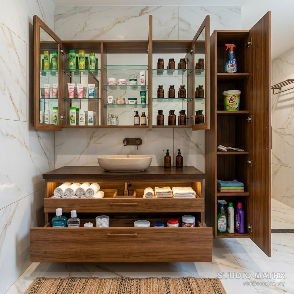 Bathroom vanity with mirror cabinet and base drawers