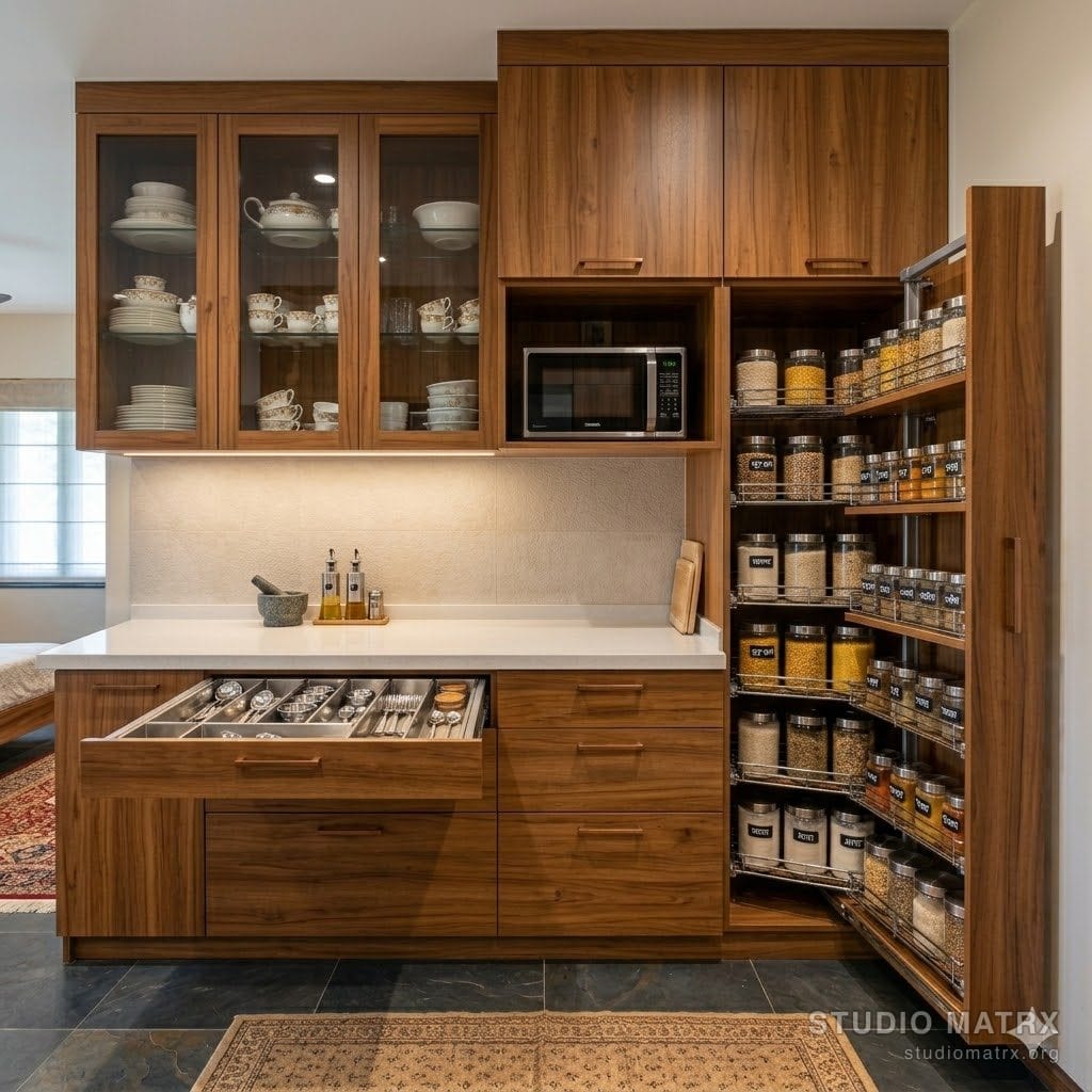 Modular kitchen storage — base cabinets + overhead + tall pantry