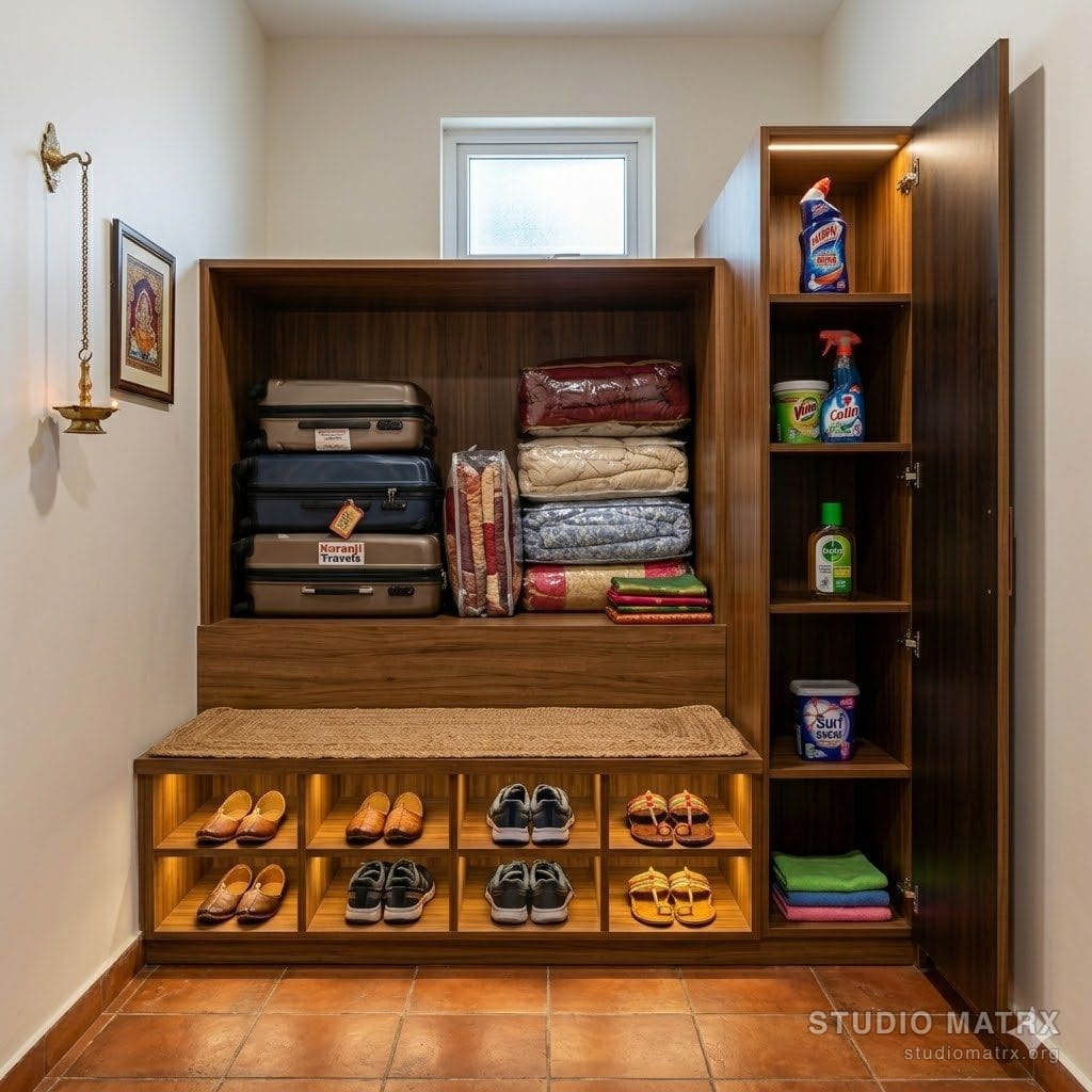 Loft and shoe rack storage in a foyer / utility area