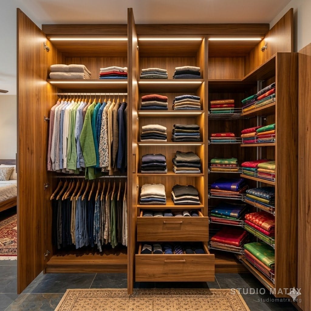 Bedroom wardrobe storage with hanging + folded + drawer zones
