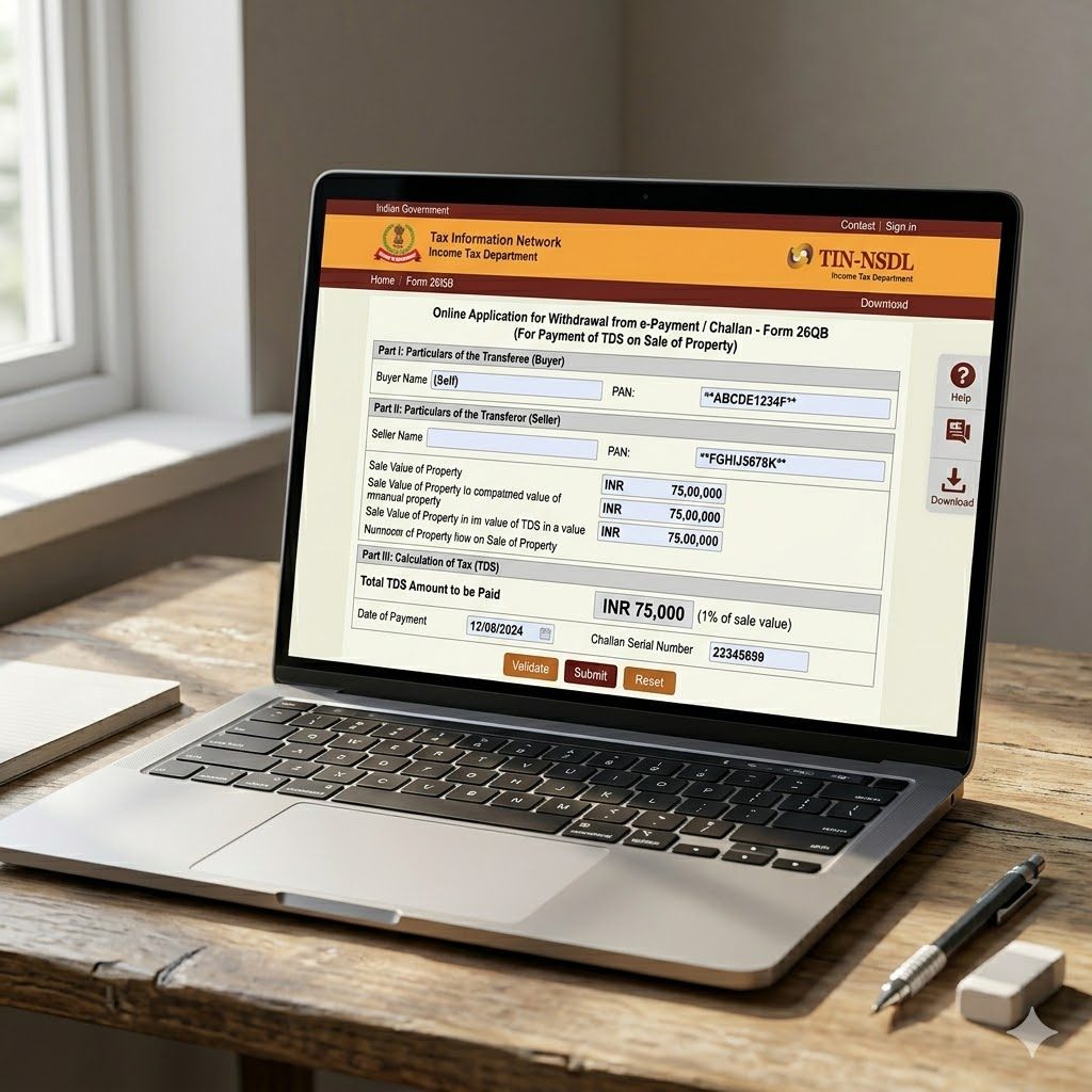 Form 26QB TDS deposit challan on a laptop screen