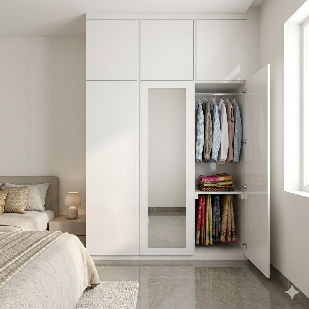 3-door wardrobe in a compact apartment bedroom