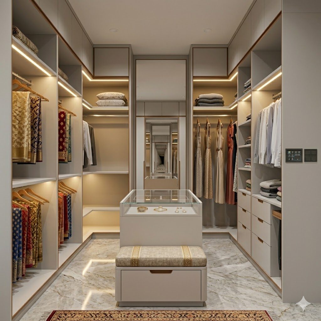 Walk-in wardrobe with island in a luxury master suite